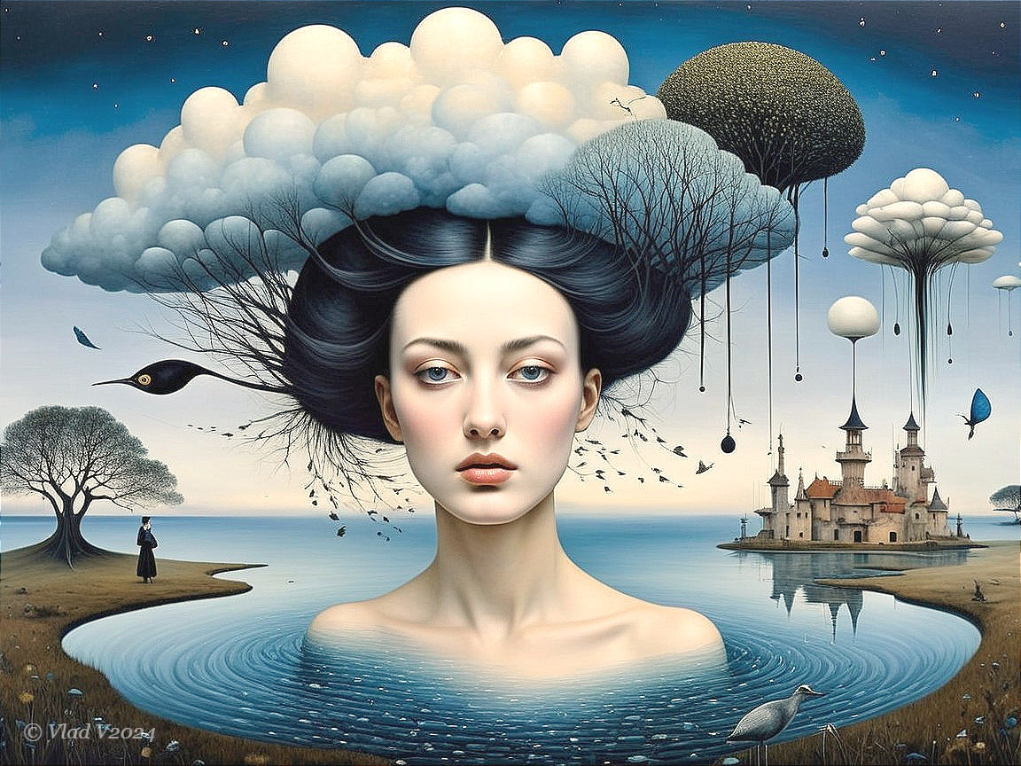 Surreal Portrait of Woman with Whimsical Landscape