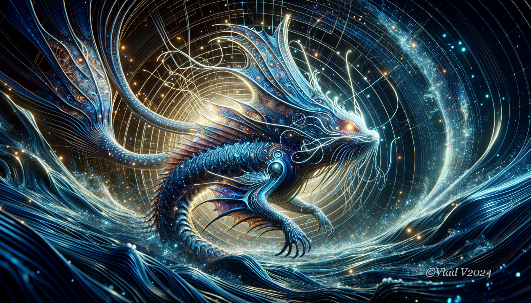 Vibrant Sea Creature with Cosmic Waves and Lights