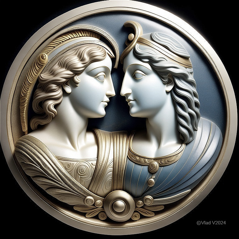 Stylized Relief of Warrior and Wise Figure