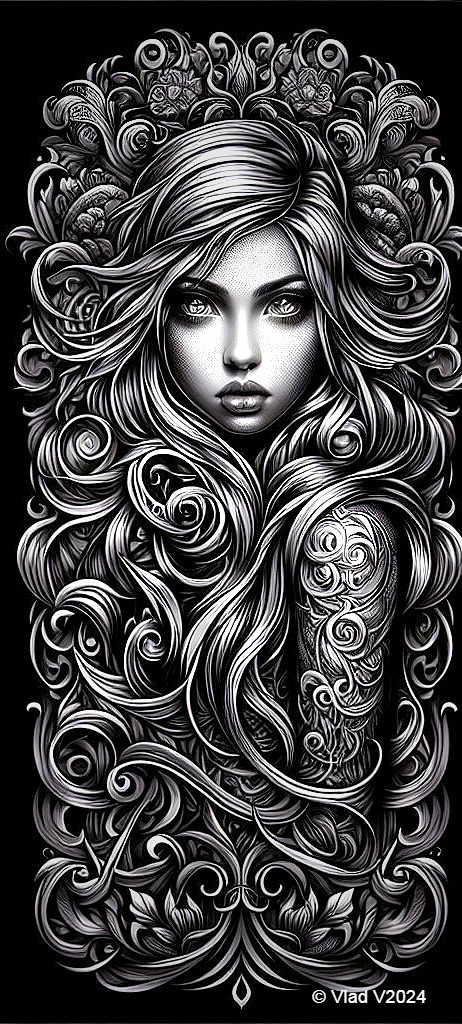 Black and White Illustration of a Woman with Patterns