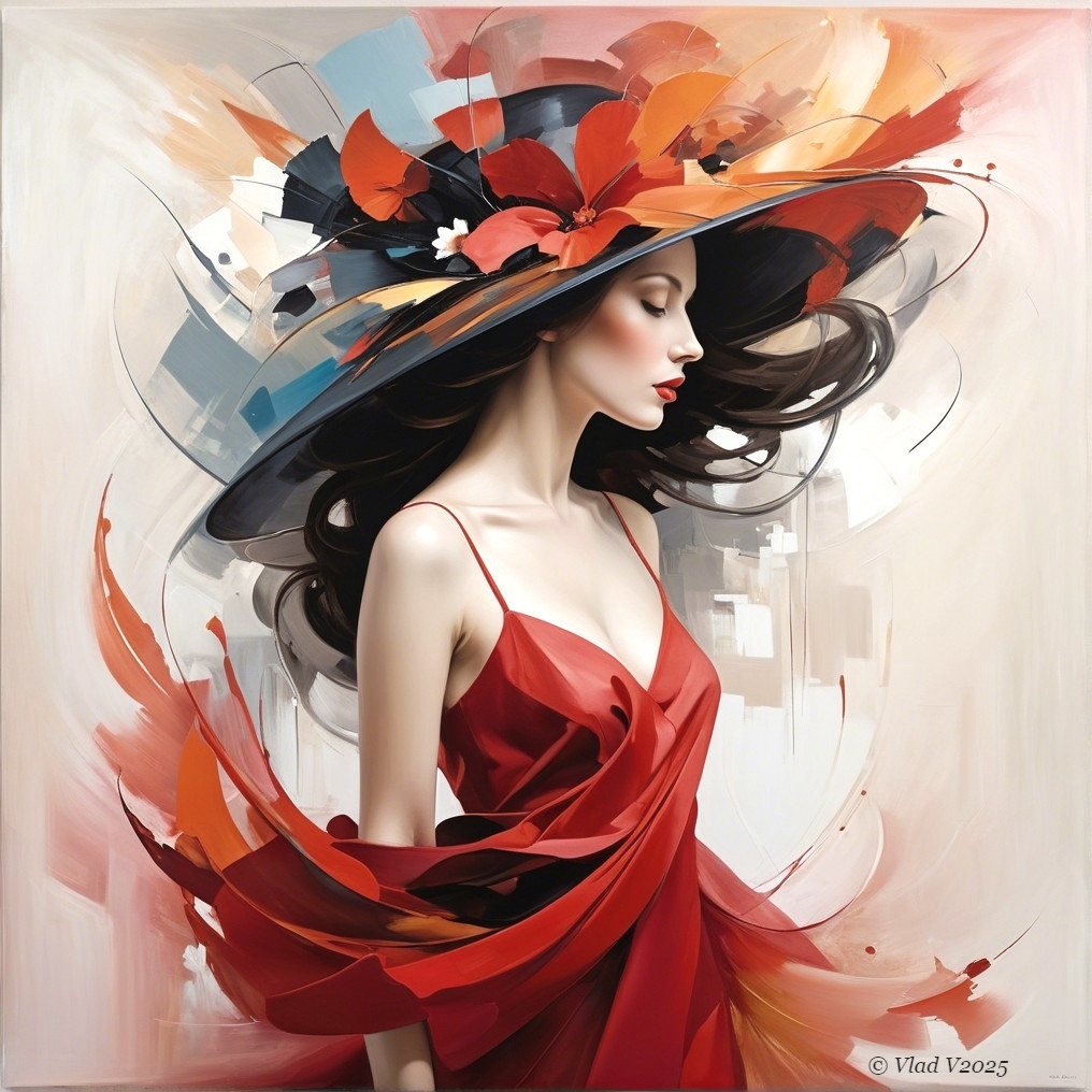 Portrait of a Woman in Red Dress with Artistic Hat