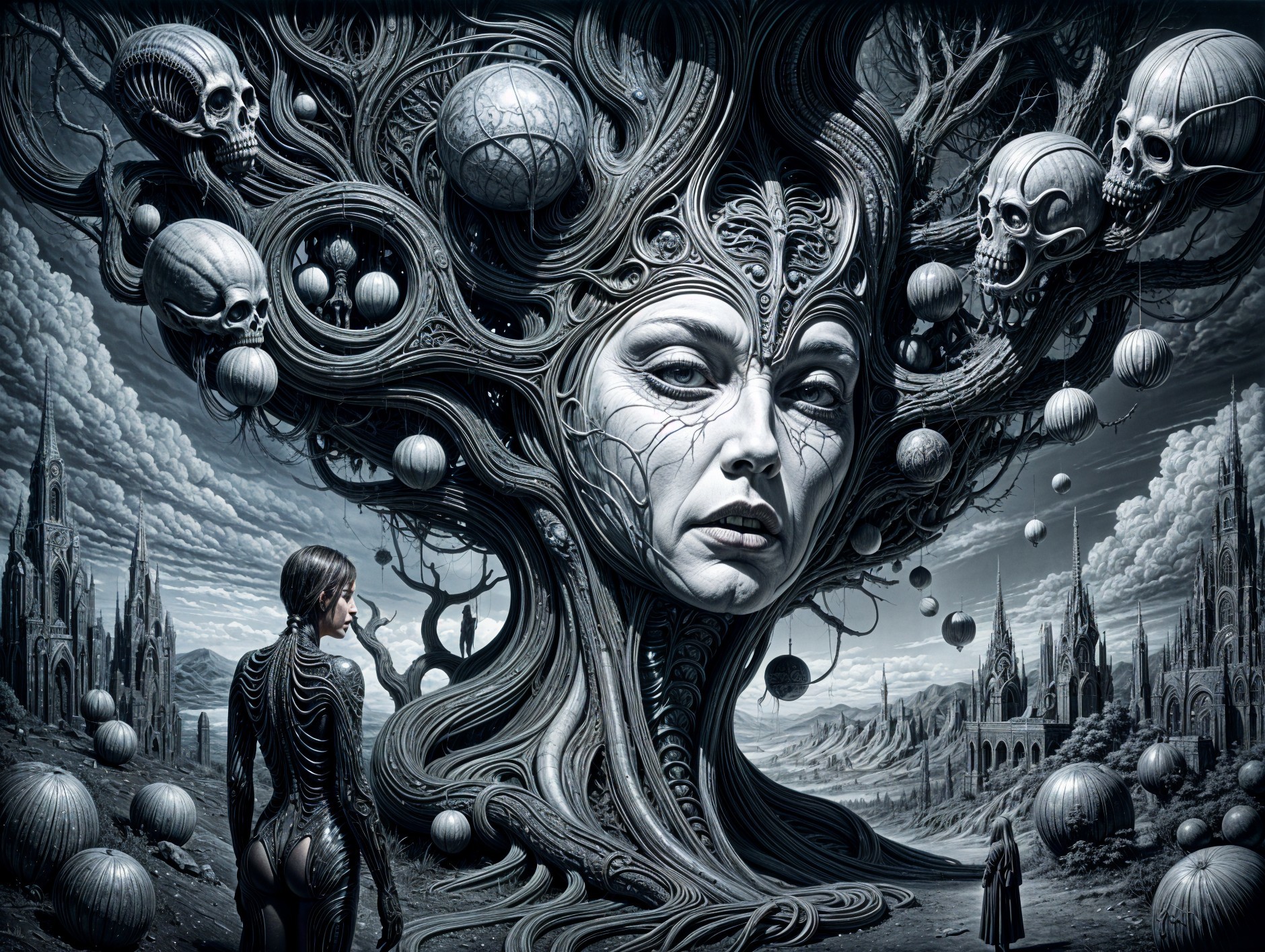Surreal Landscape with Tree, Skulls, and Human Face