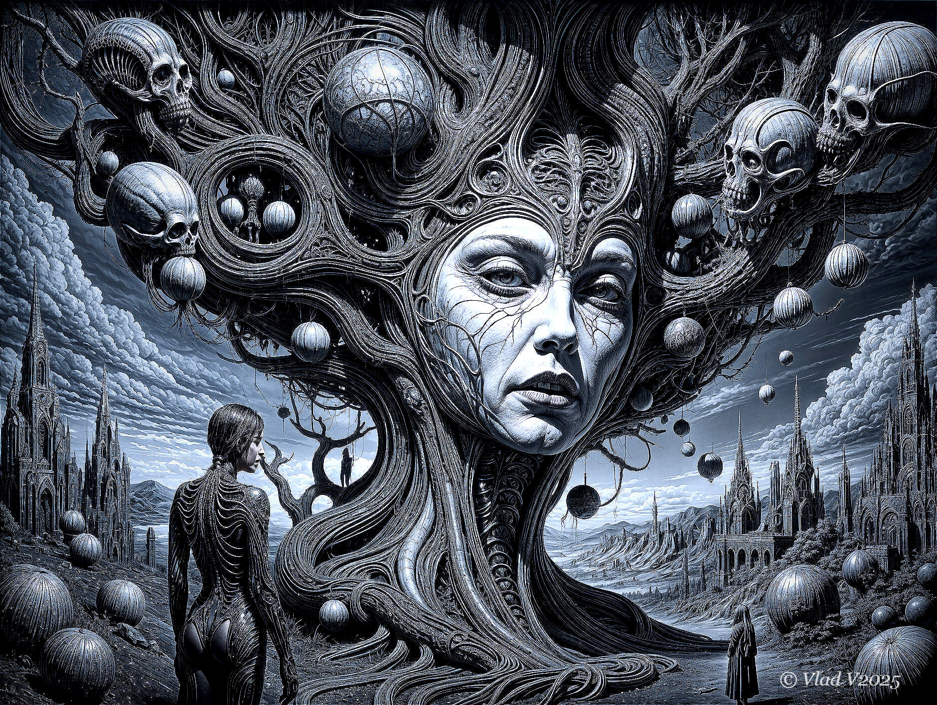 Surreal Landscape with Tree, Skulls, and Human Face