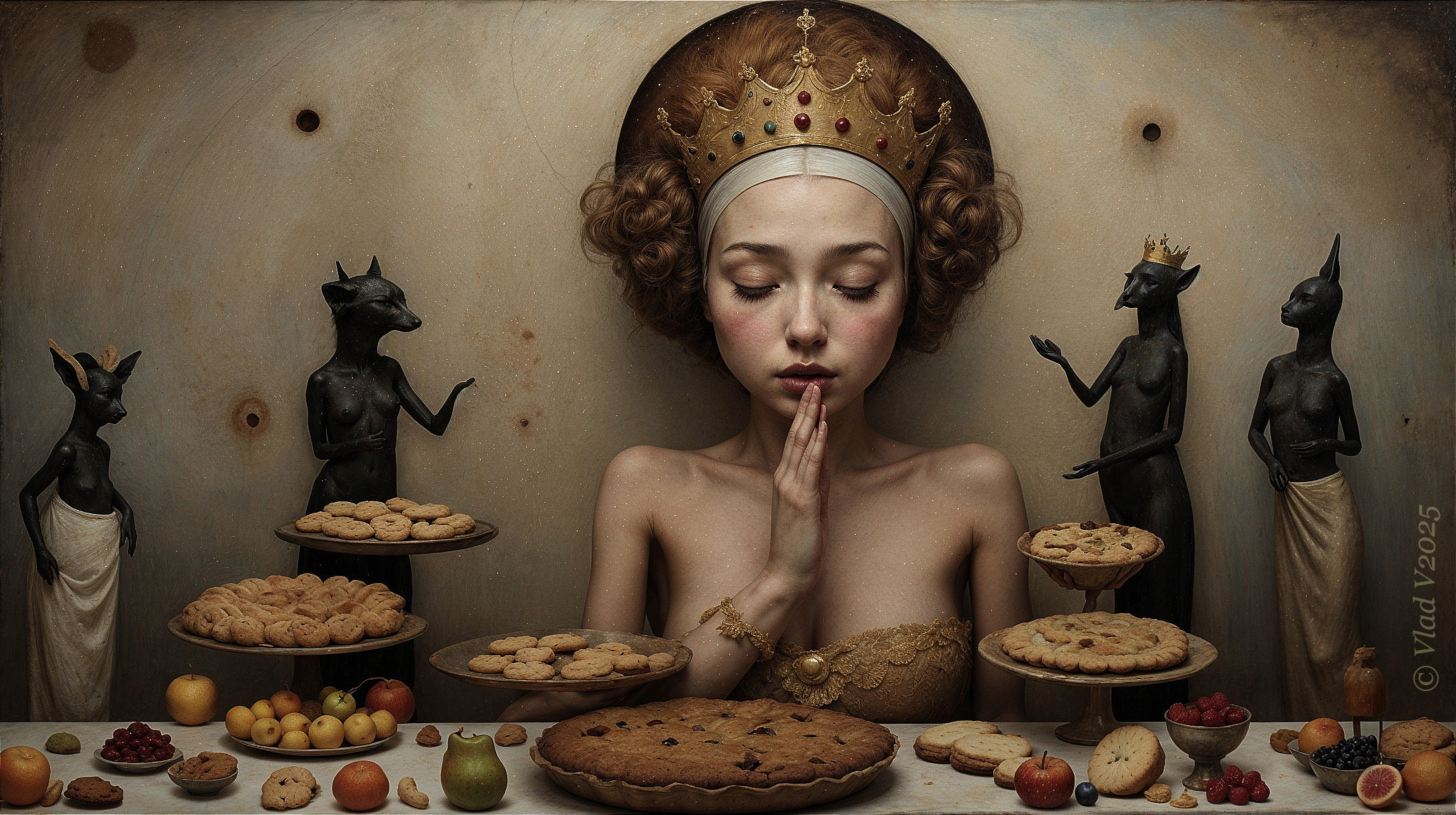 Serene Woman with Crown Surrounded by Baked Goods
