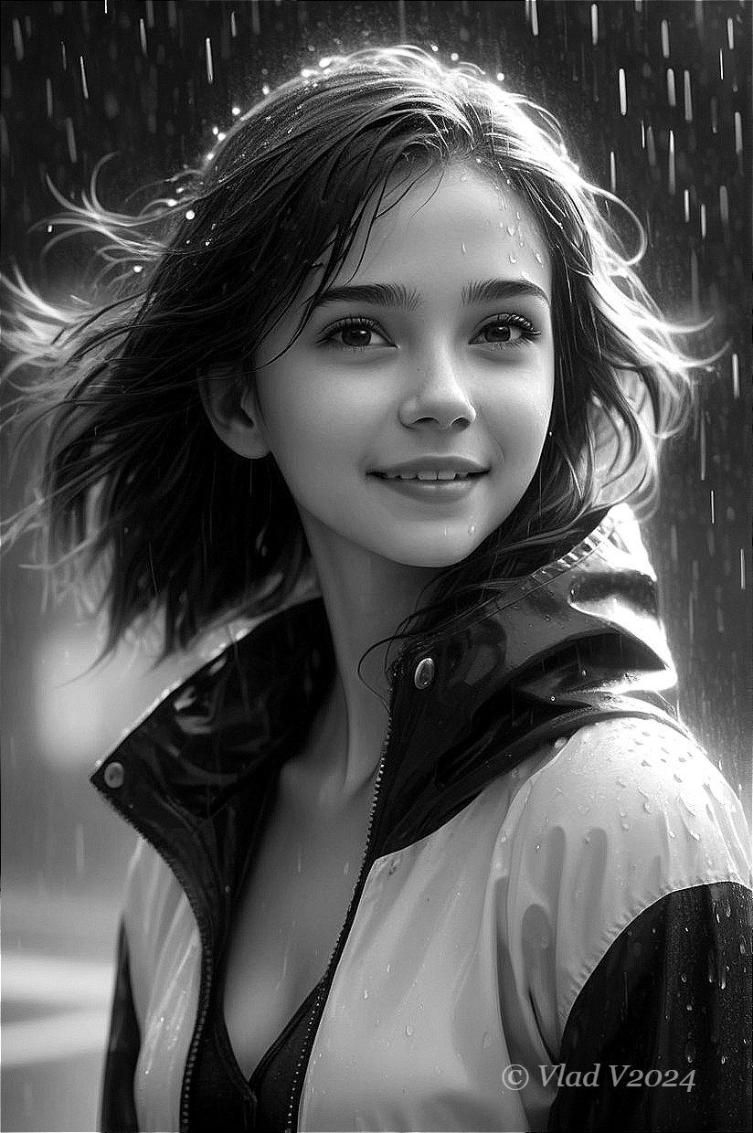 Young woman in waterproof jacket standing in rain
