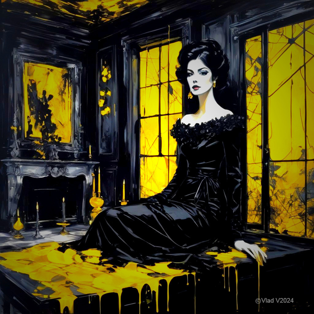 Elegant Woman in Black Gown in Vintage Dark Room