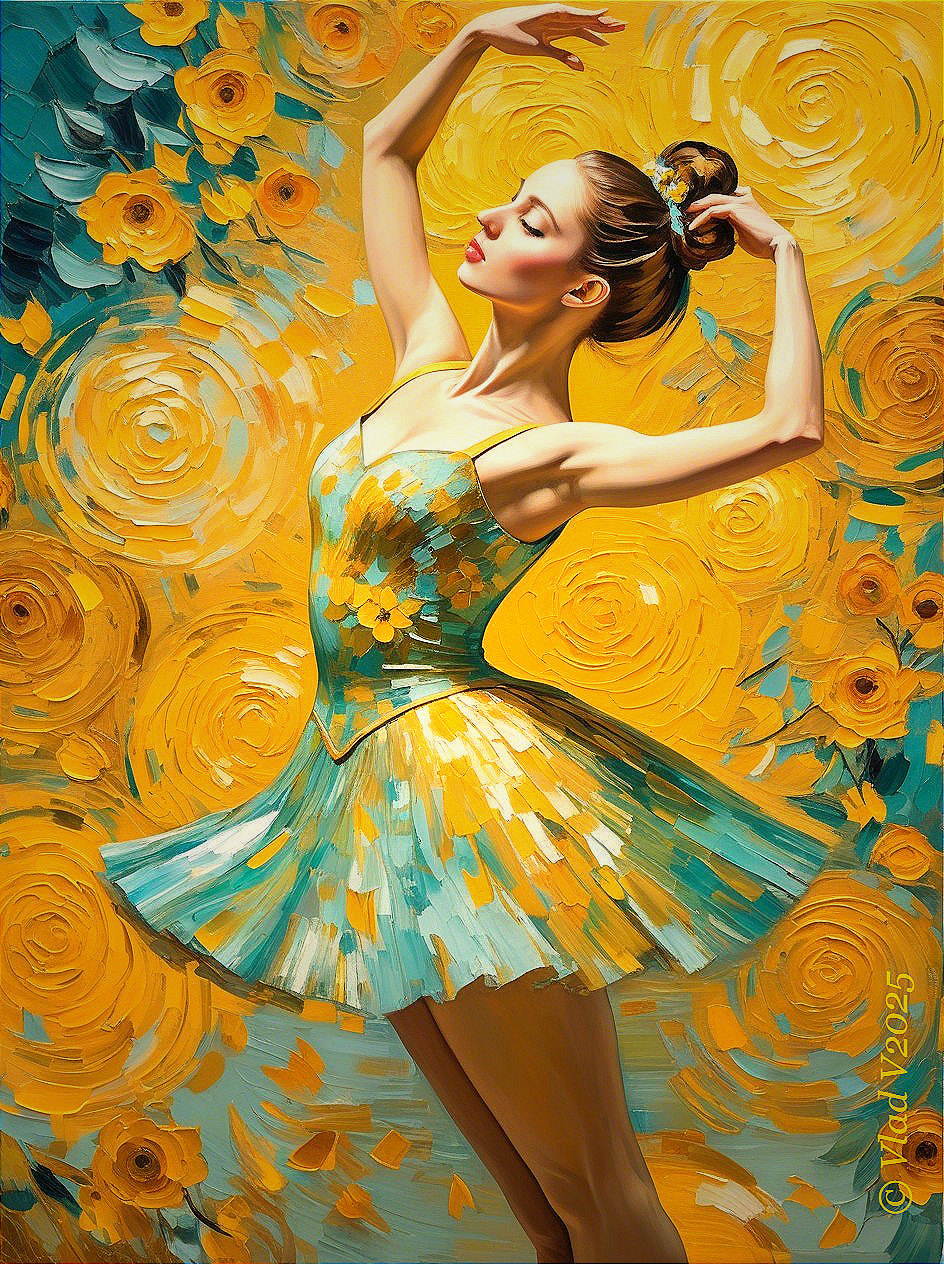 Ballerina Posing Elegantly with Yellow Roses Background