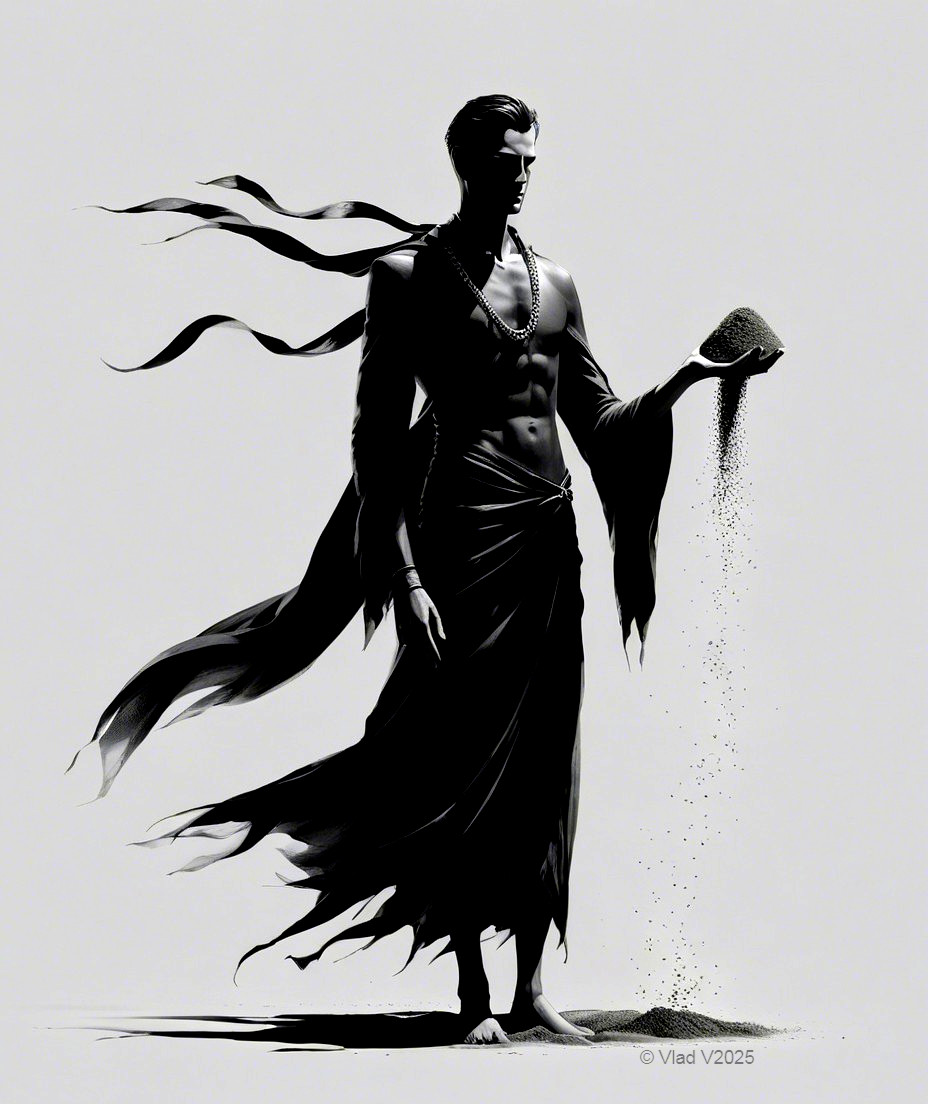 Silhouette of a Muscular Figure with Cascading Sand