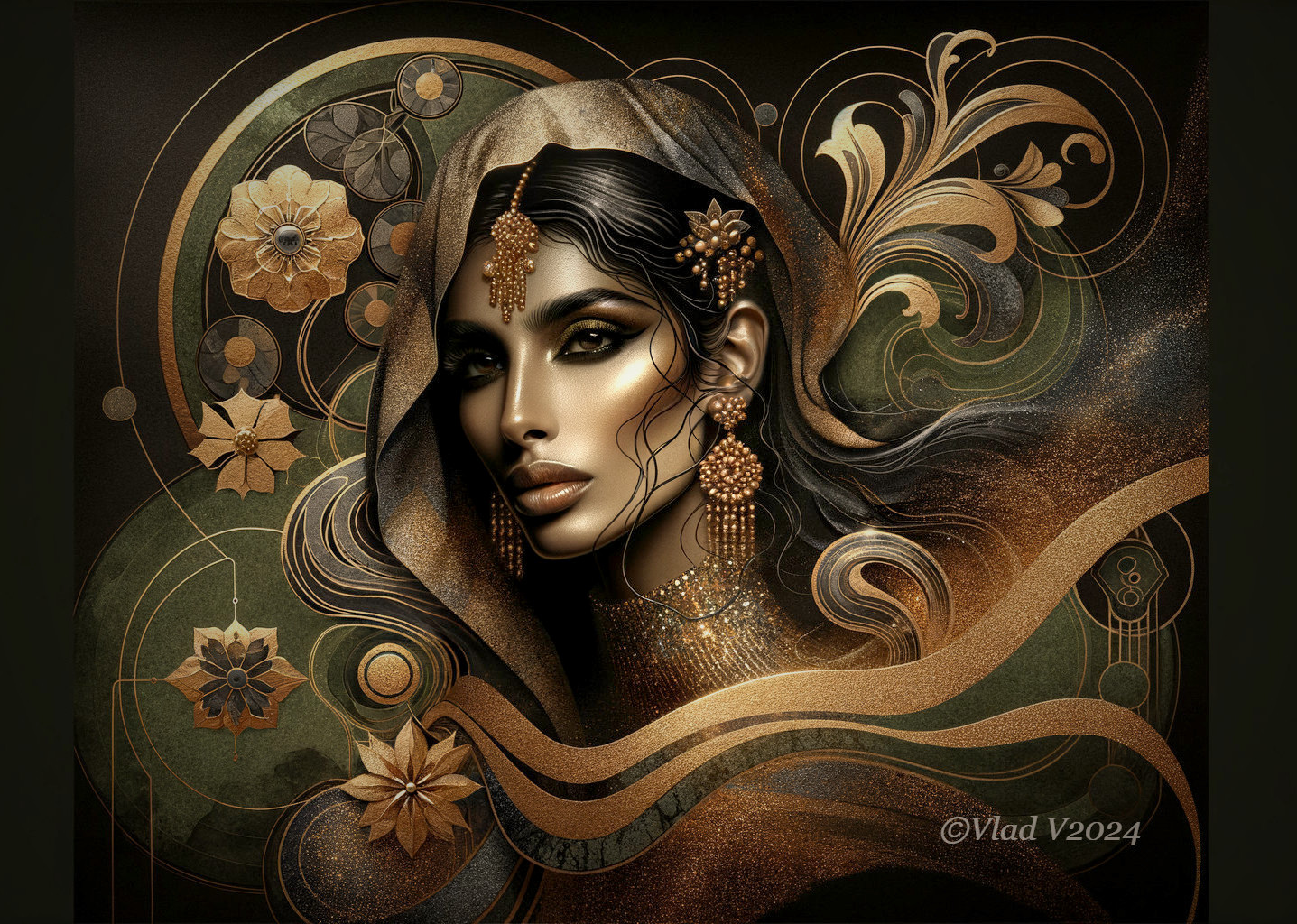 Glamorous Female Figure with Jewelry and Floral Motifs