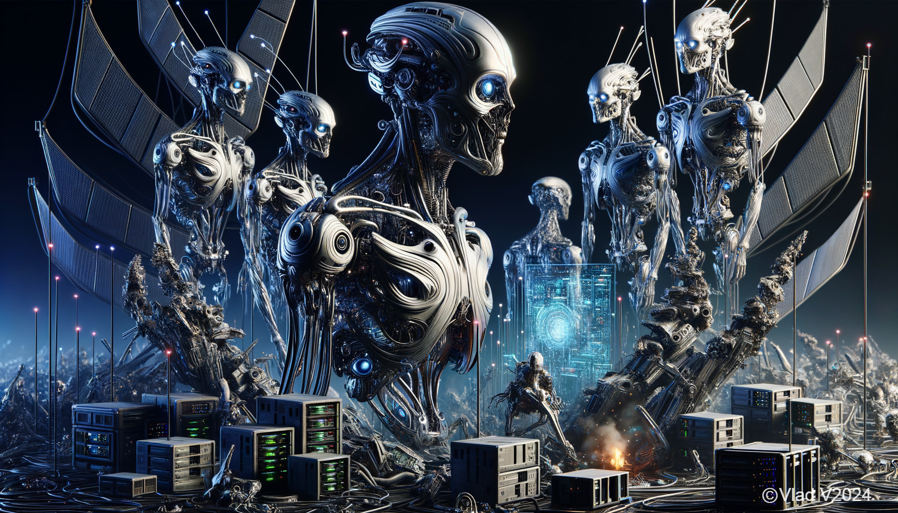 Futuristic Scene of Humanoid Robots in High-Tech Setting