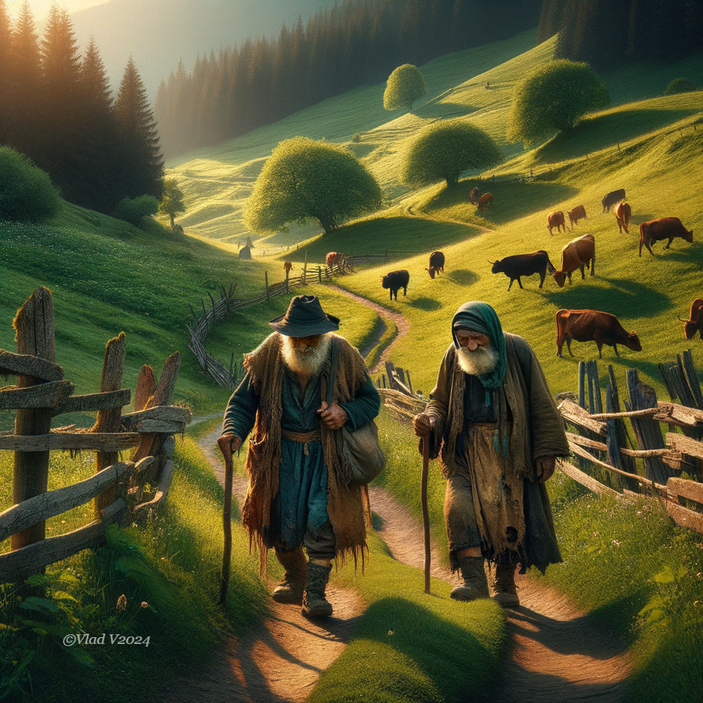 Elderly Figures Walking in a Serene Green Valley