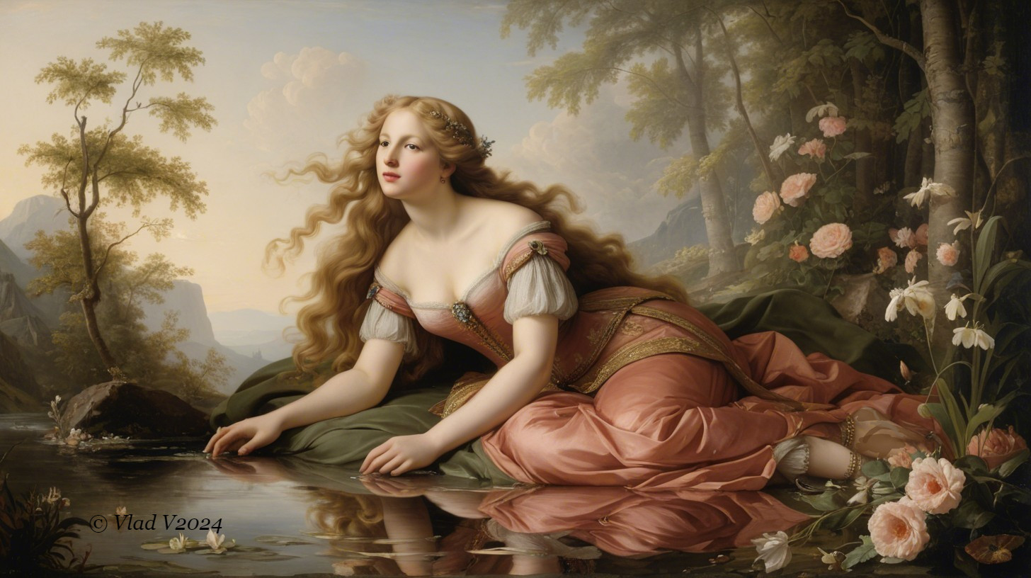 Serene Scene of Woman by Tranquil Pond in Nature