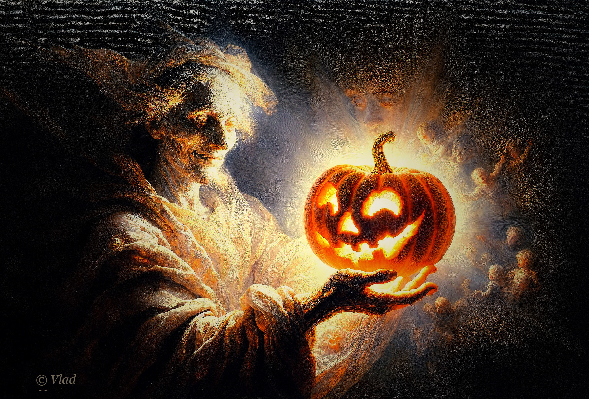 Ethereal Figure with Glowing Jack-o'-Lantern Scene