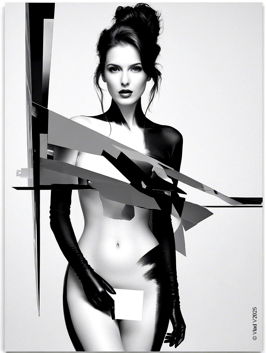 Black-and-White Artwork with Geometric Shapes and Color