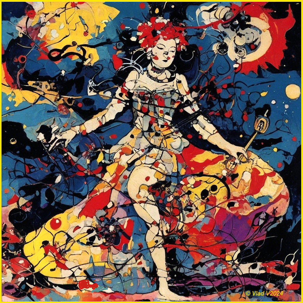 Vibrant Abstract Figure with Bold Colors and Patterns