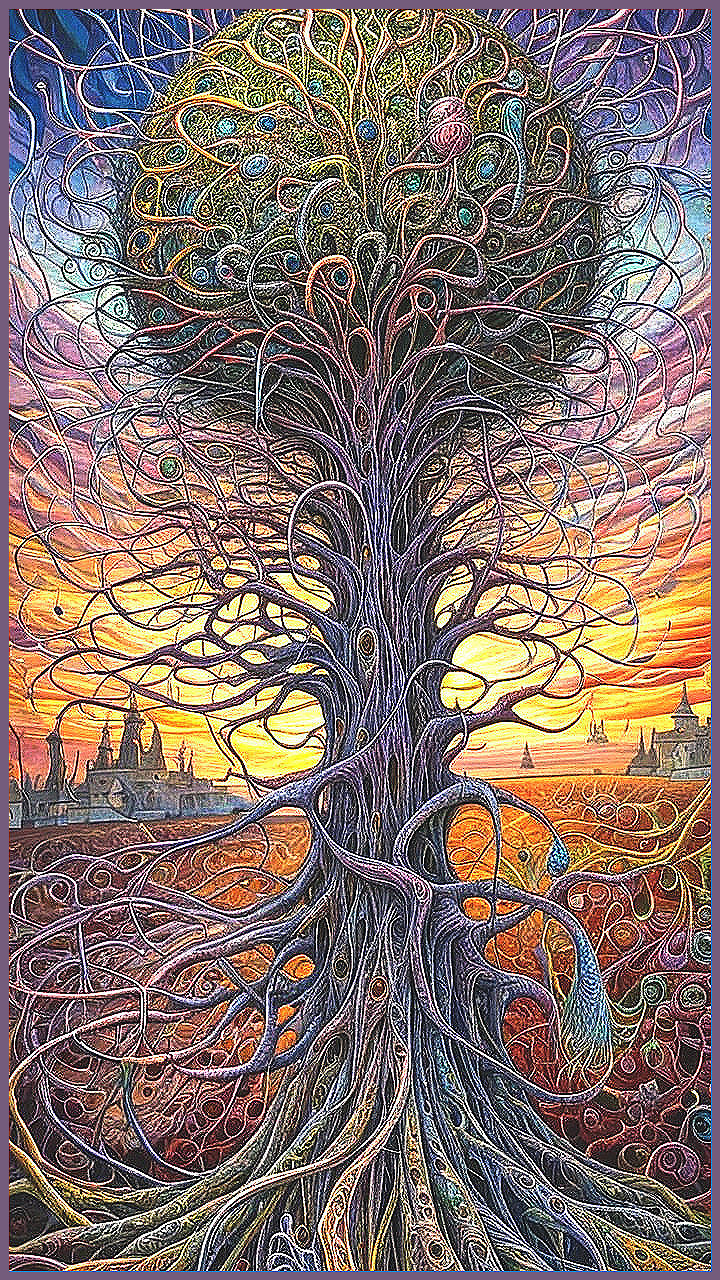 Intricate Tree with Colorful Canopy at Sunset