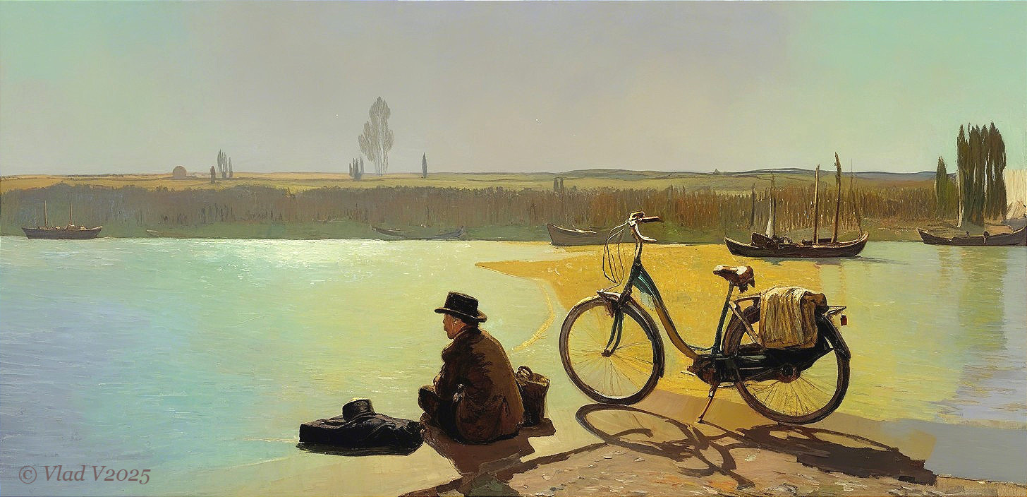 Tranquil Riverside Scene with Solitary Figure and Bicycle