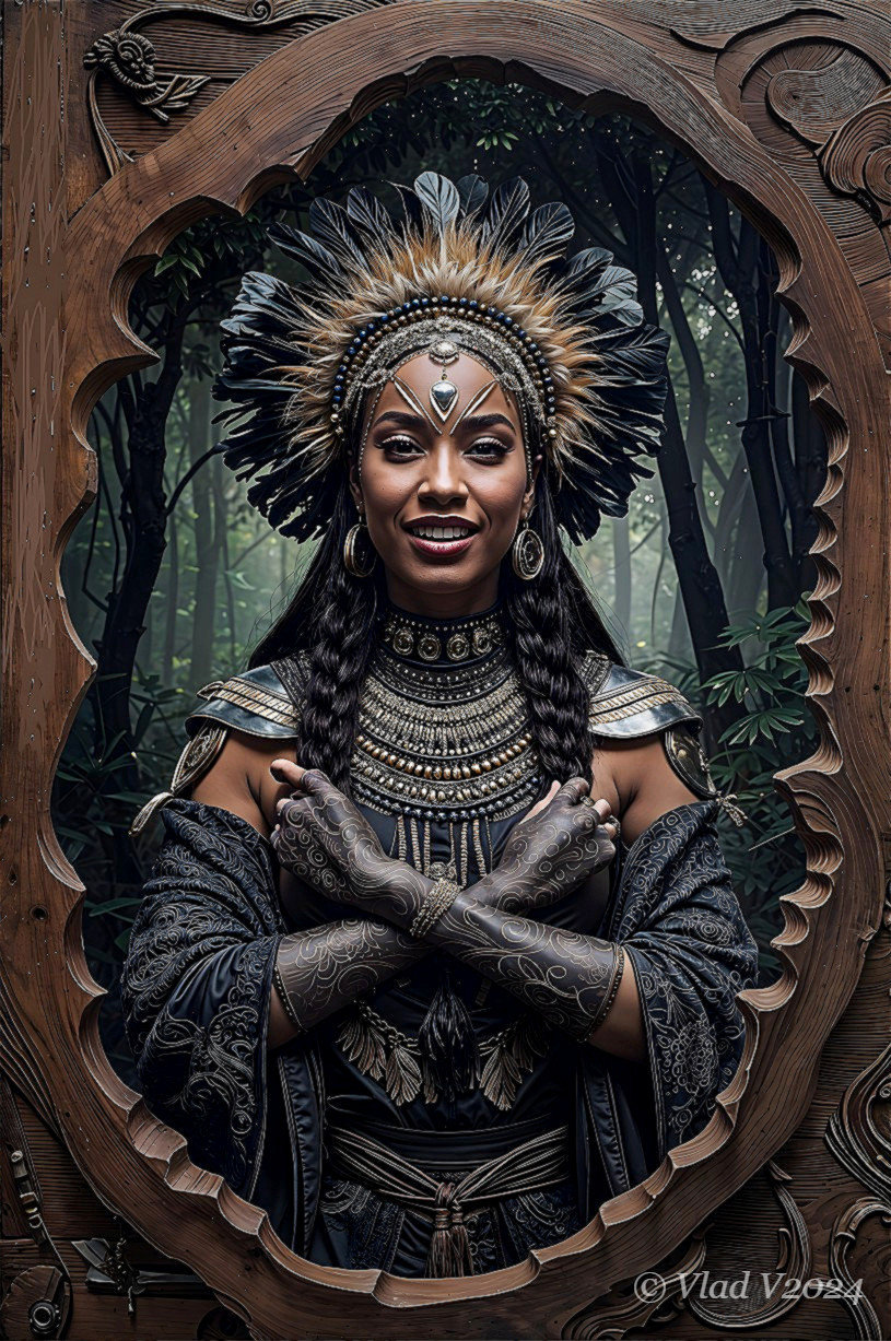 Woman in Ancient Attire within a Mystical Forest Frame