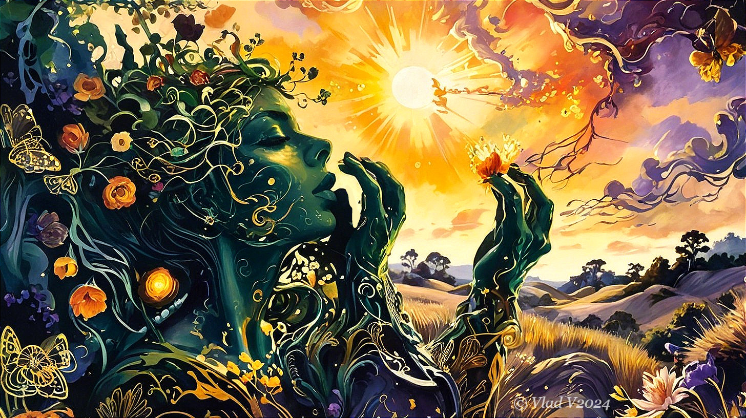 Serene Figure with Green Skin and Floral Elements