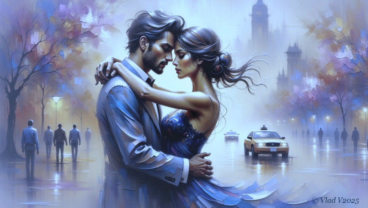 Romantic Urban Scene with Couple in Soft Lighting