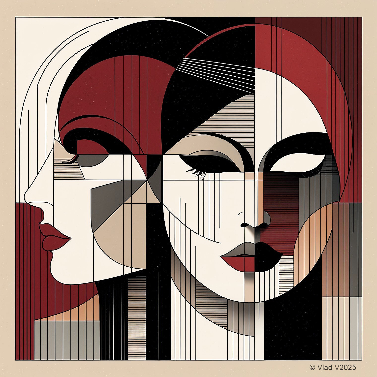 Stylized Female Faces in Geometric Art Composition