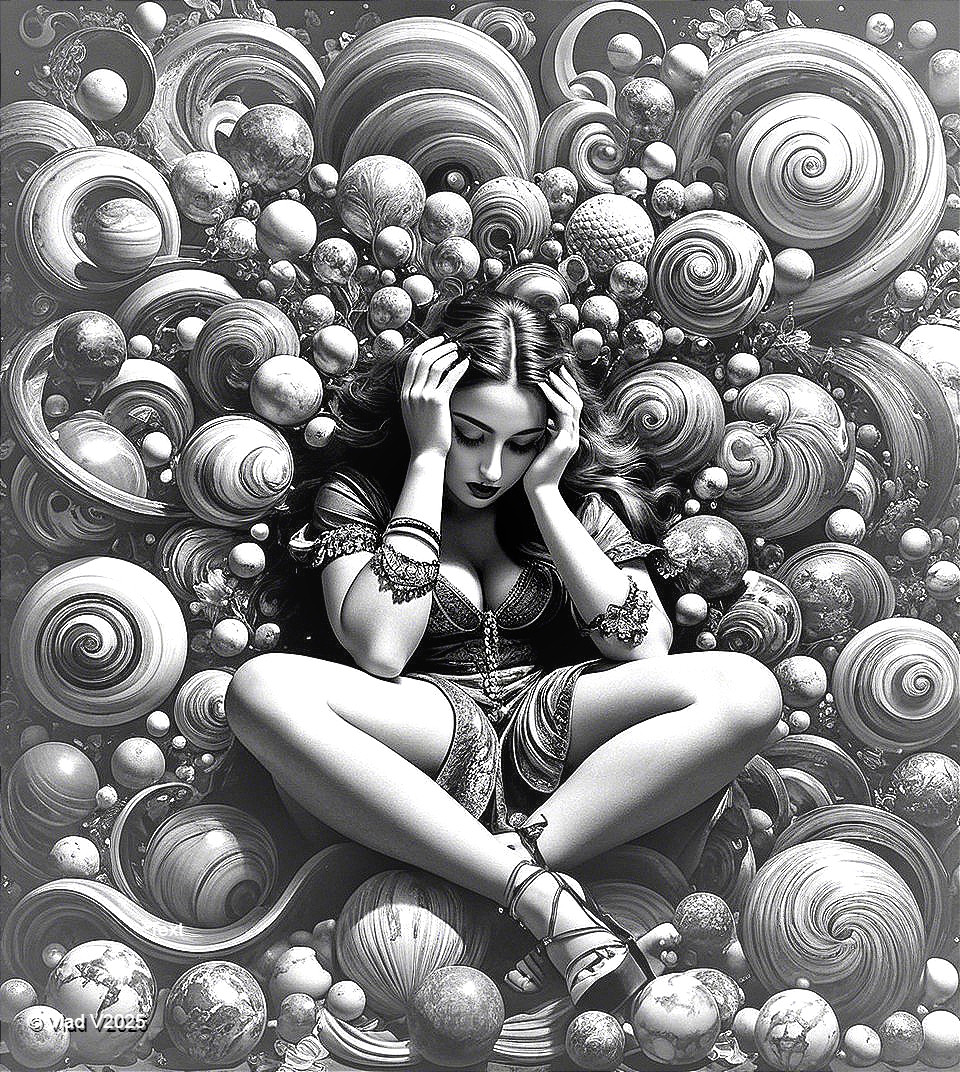 Woman in Contemplative Pose with Abstract Background