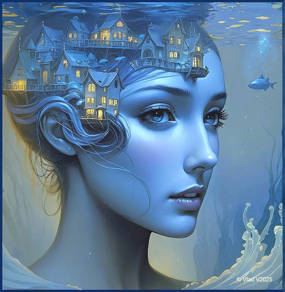 Underwater Scene with Woman and Whimsical Houses