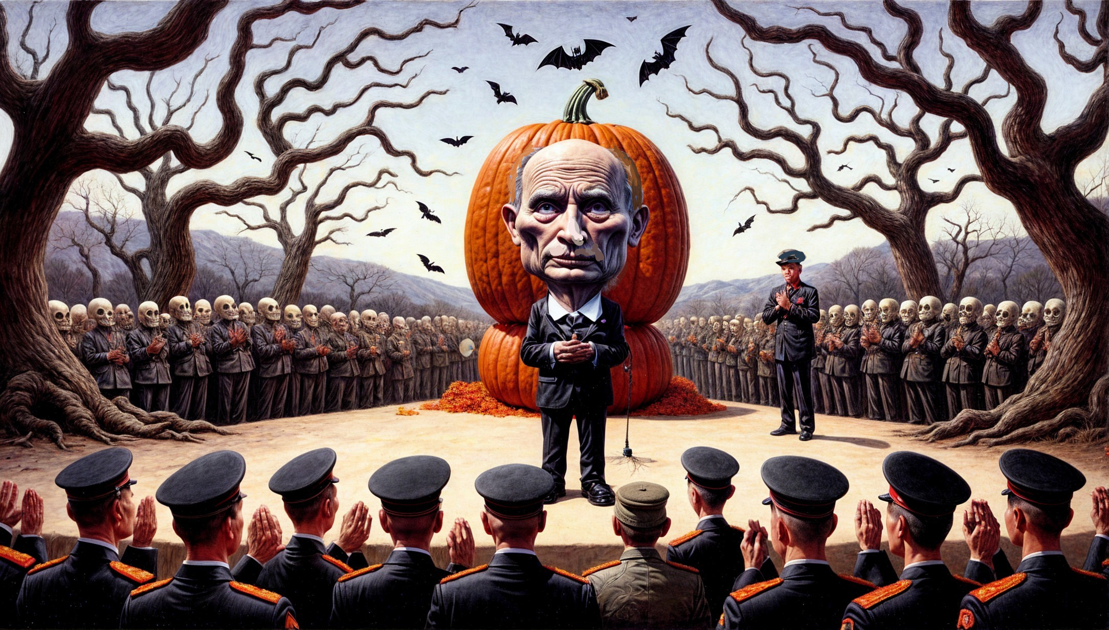 Surreal Artwork with Pumpkin, Figures, and Eerie Atmosphere