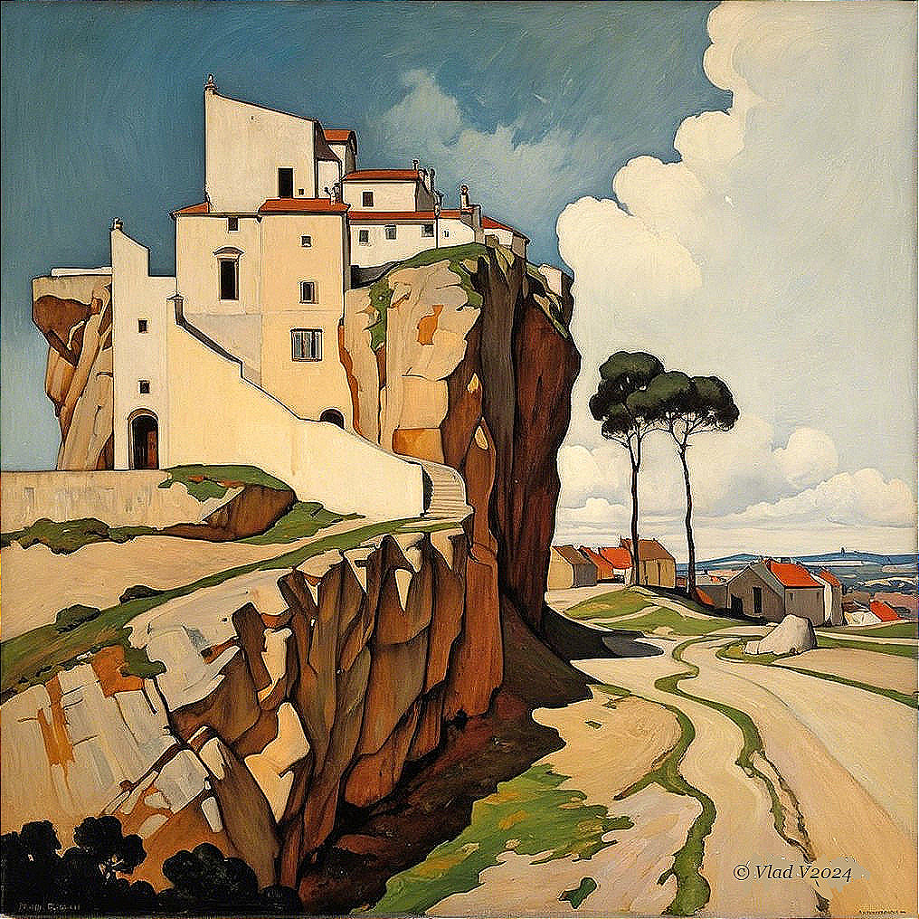 Modernist White Building on Rocky Cliff Landscape