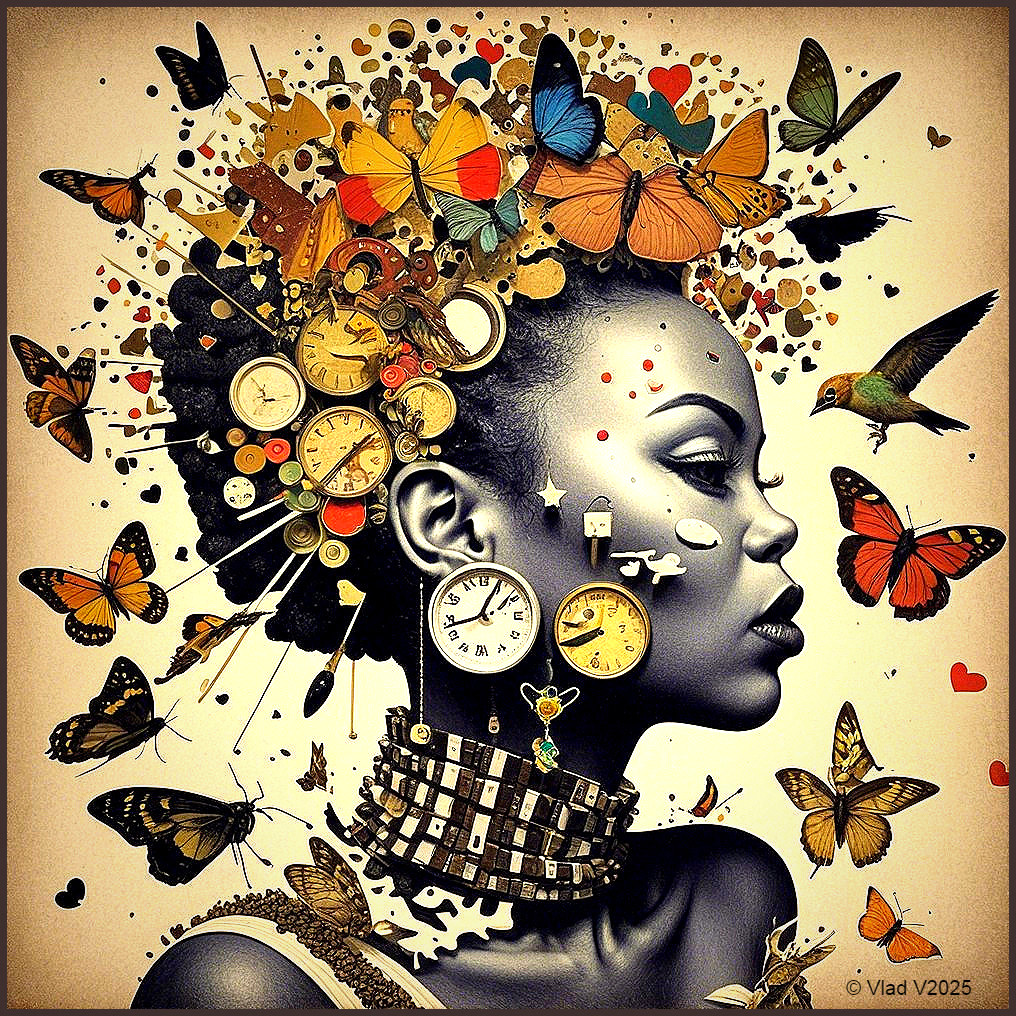 Portrait of a woman with butterfly hairstyle and clocks