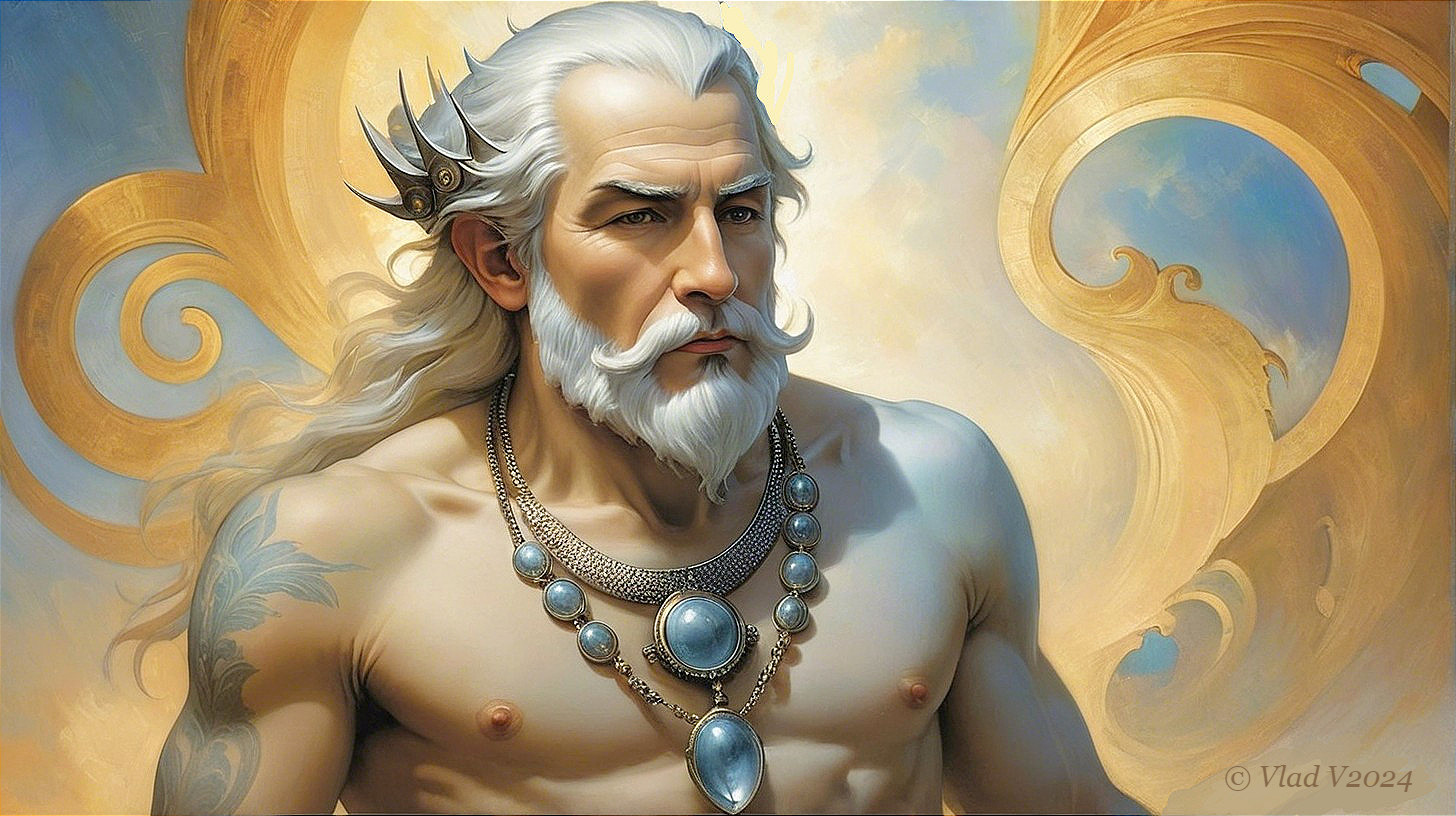 Majestic figure with silver hair and regal attire