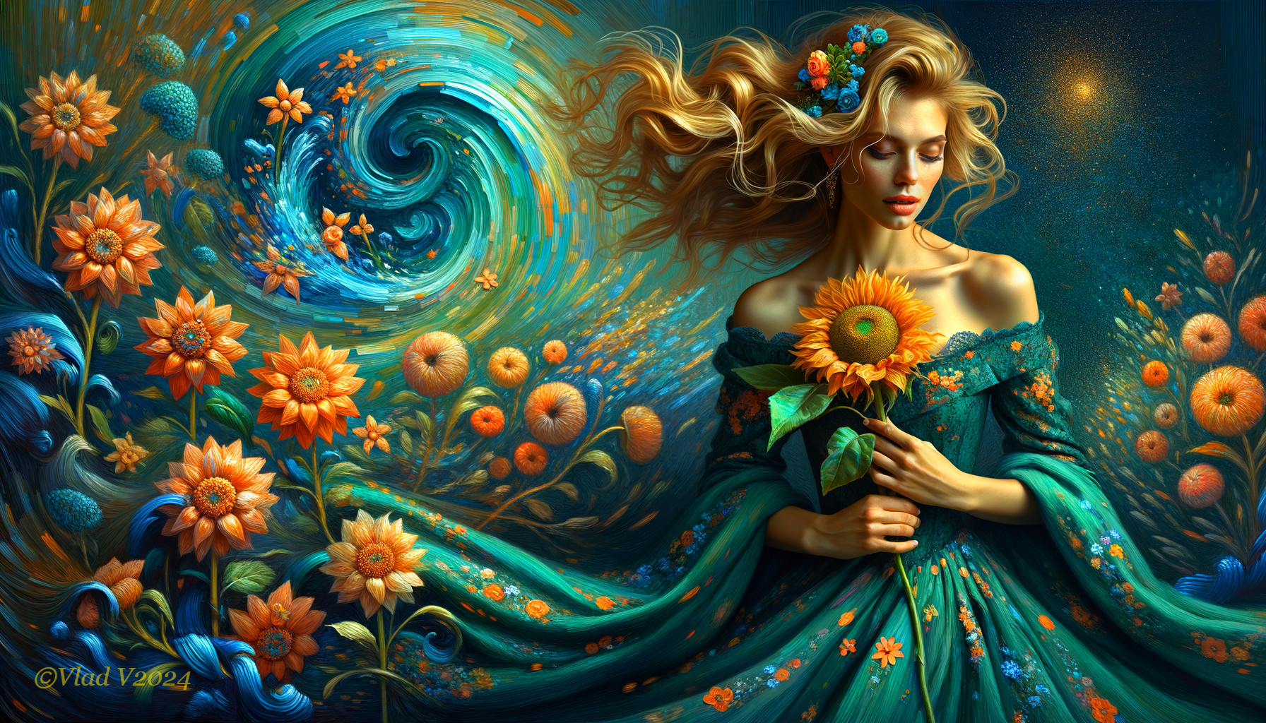 Serene Woman in Teal Gown with Sunflower and Flowers