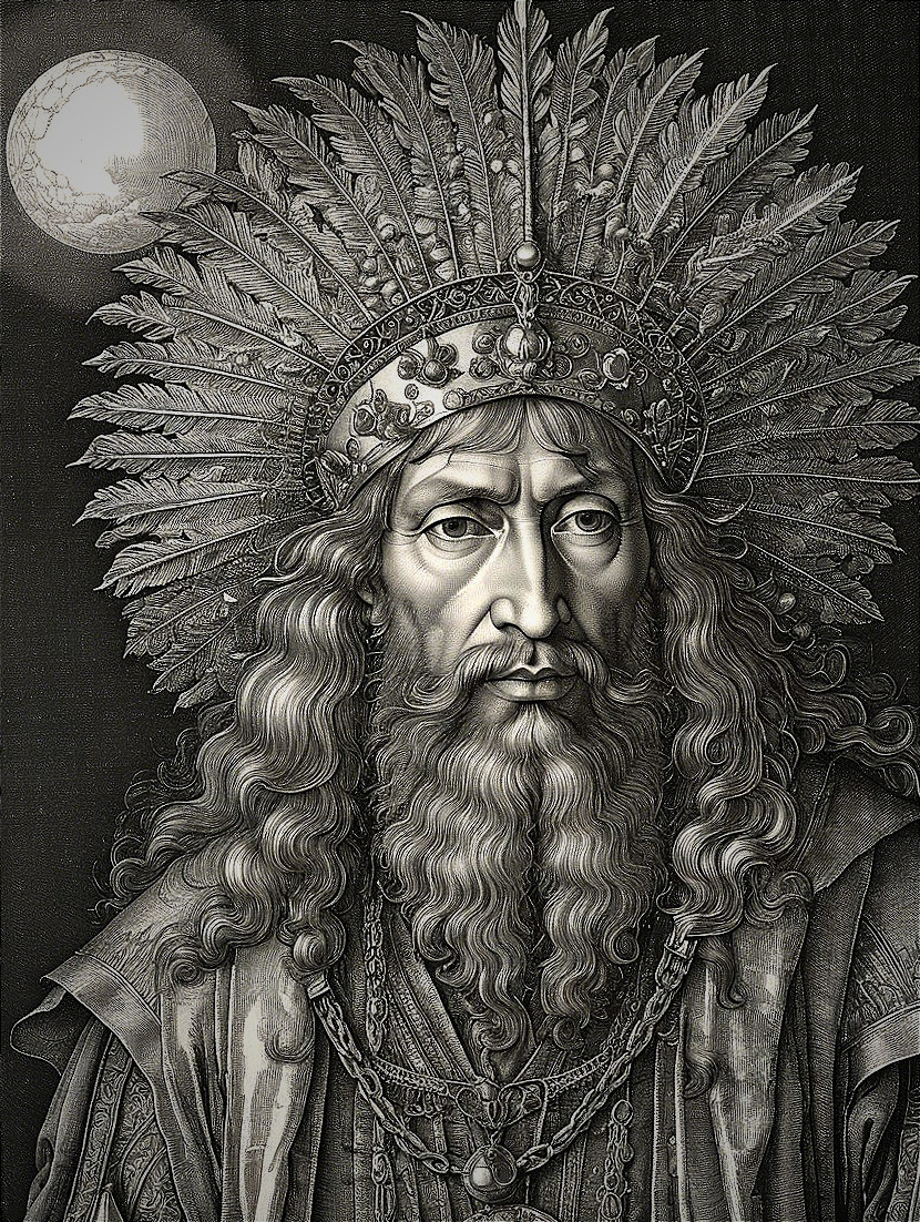 Majestic figure with feather crown and celestial orb