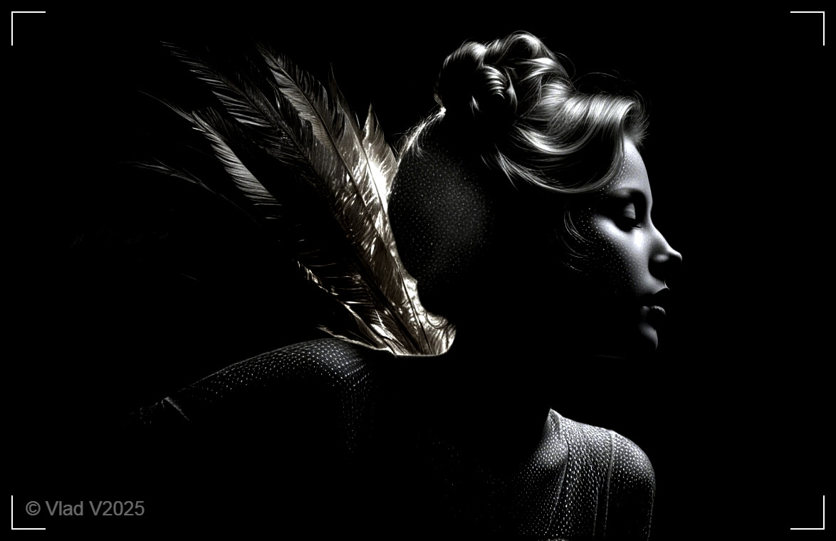 Profile of a Woman with Feathers and Monochromatic Tones