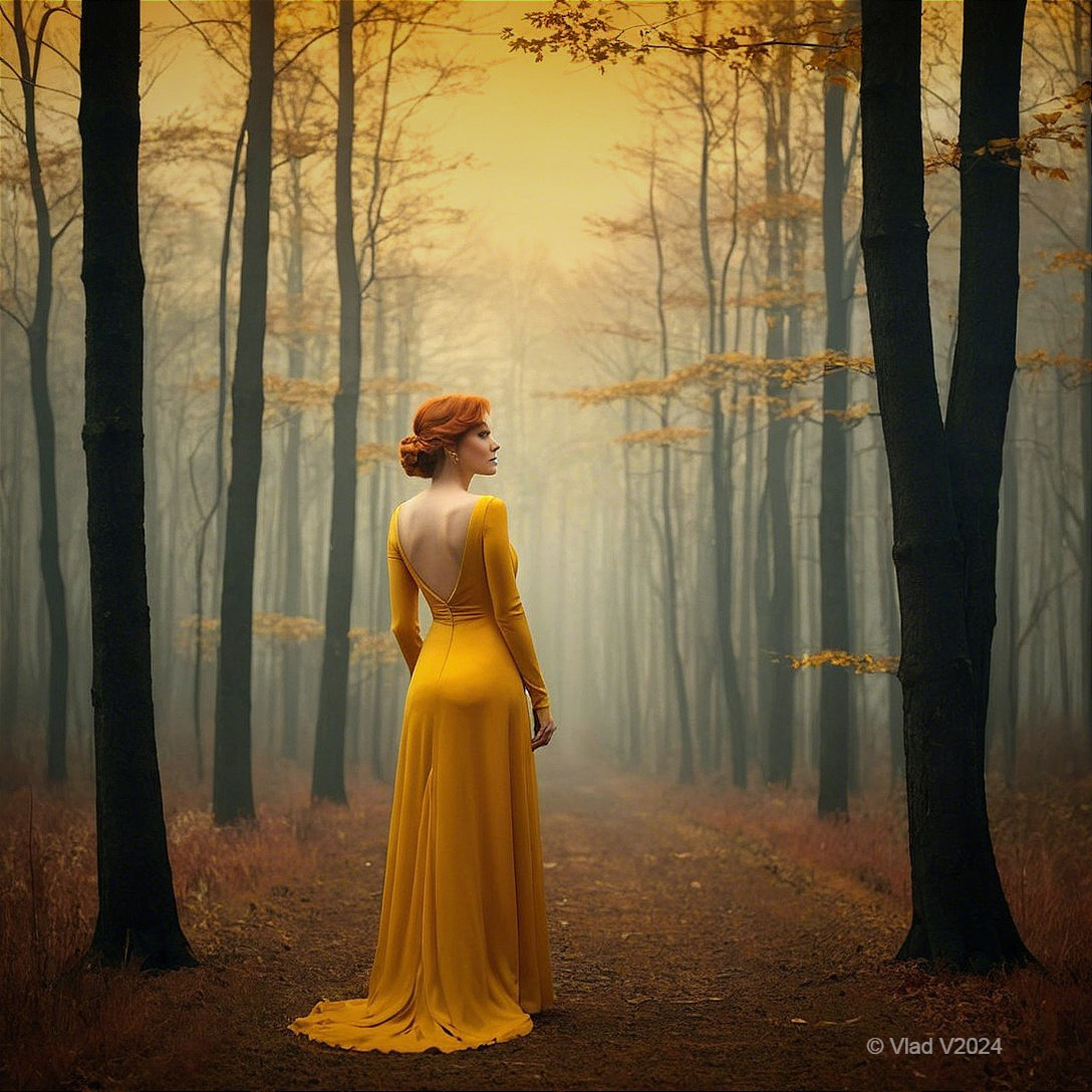 Woman in Yellow Gown in Misty Forest Setting