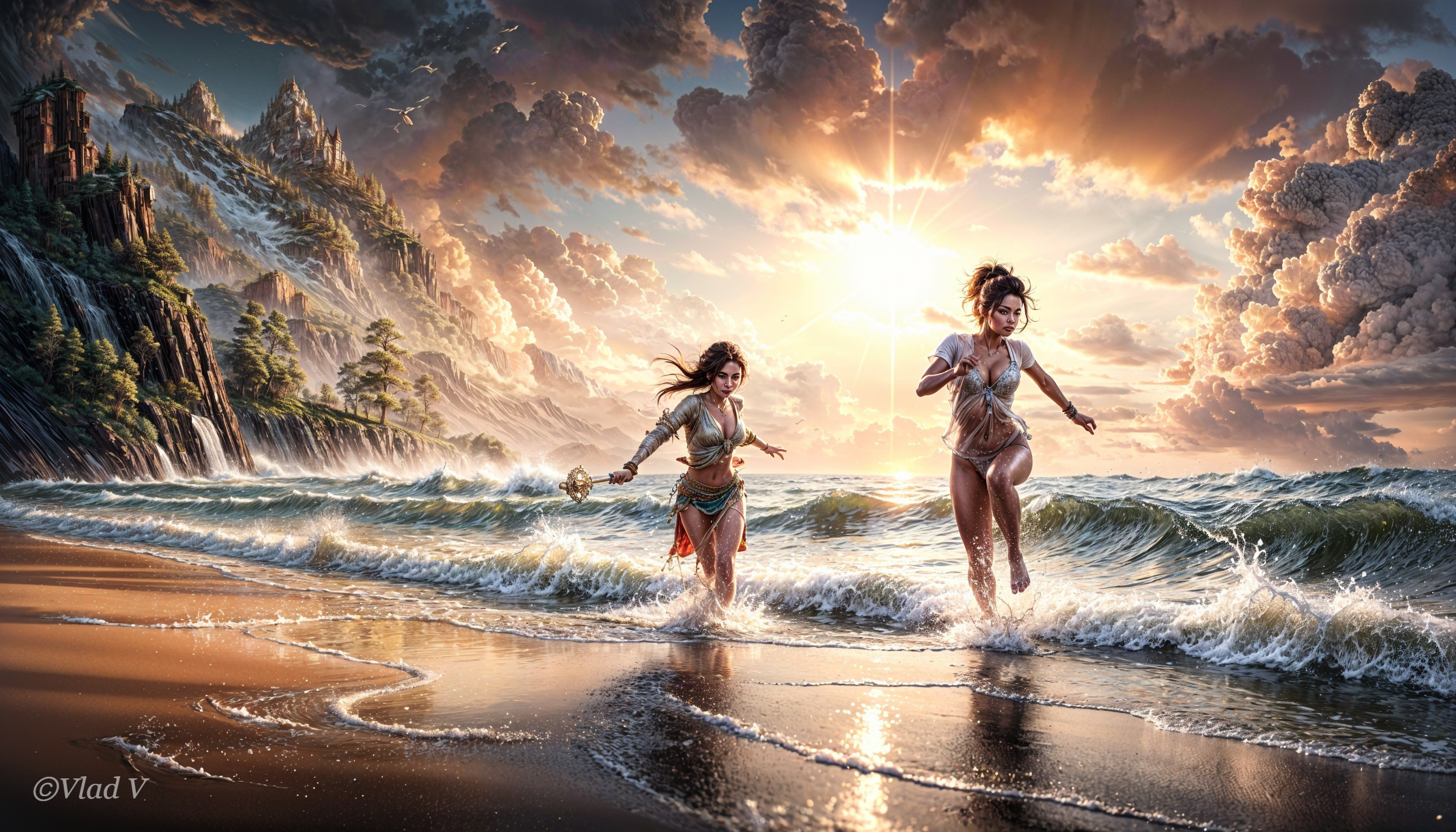Figures Running on Sandy Beach at Sunset