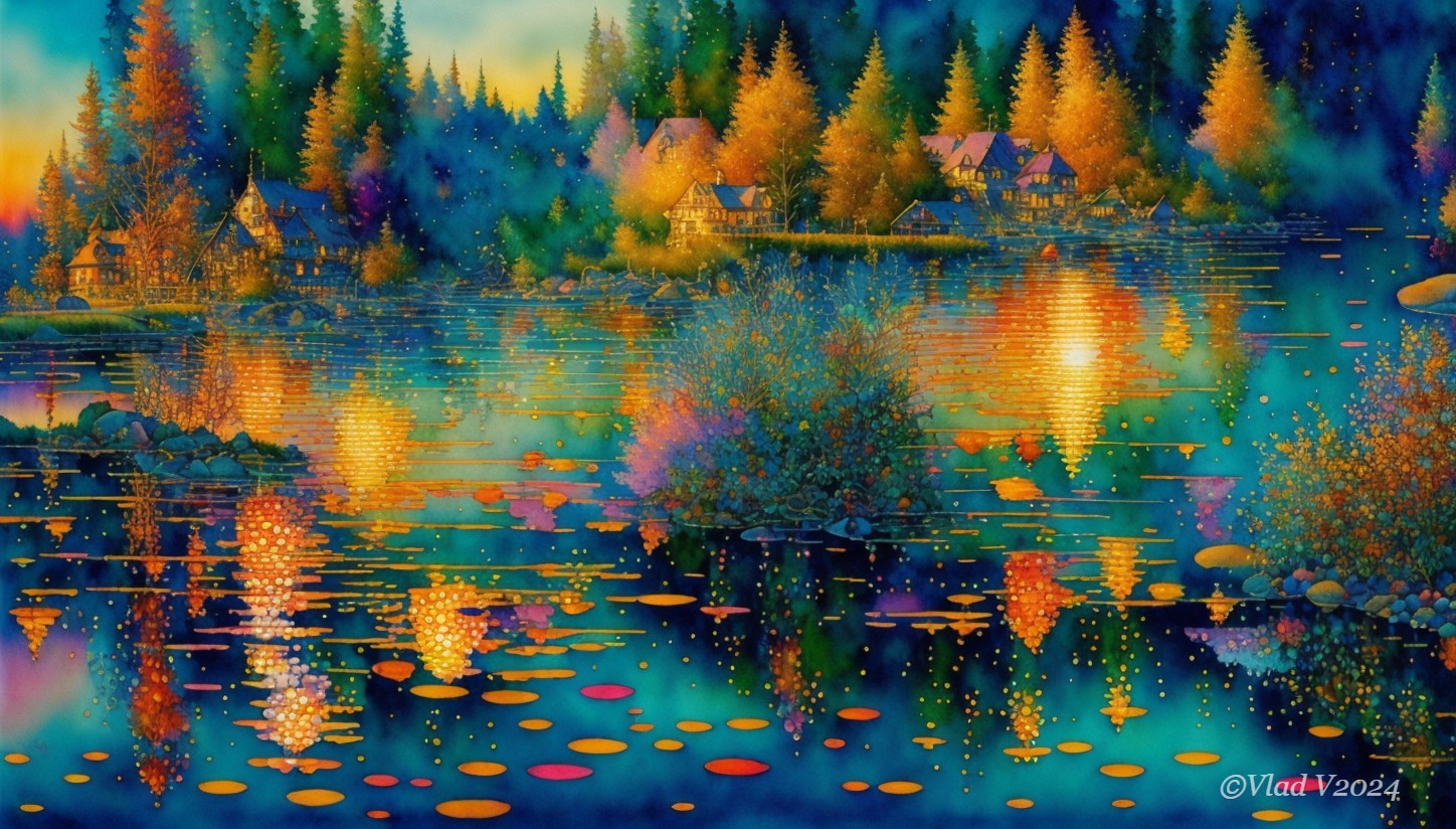 Tranquil Lake Landscape with Lush Trees and Cottages