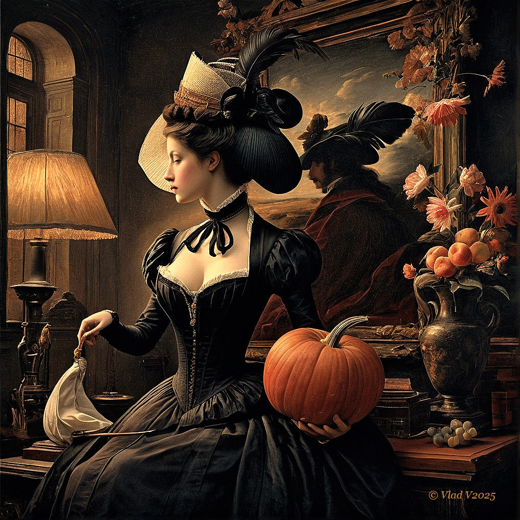 Elegant Woman in Black Gown in Lavish Room Setting