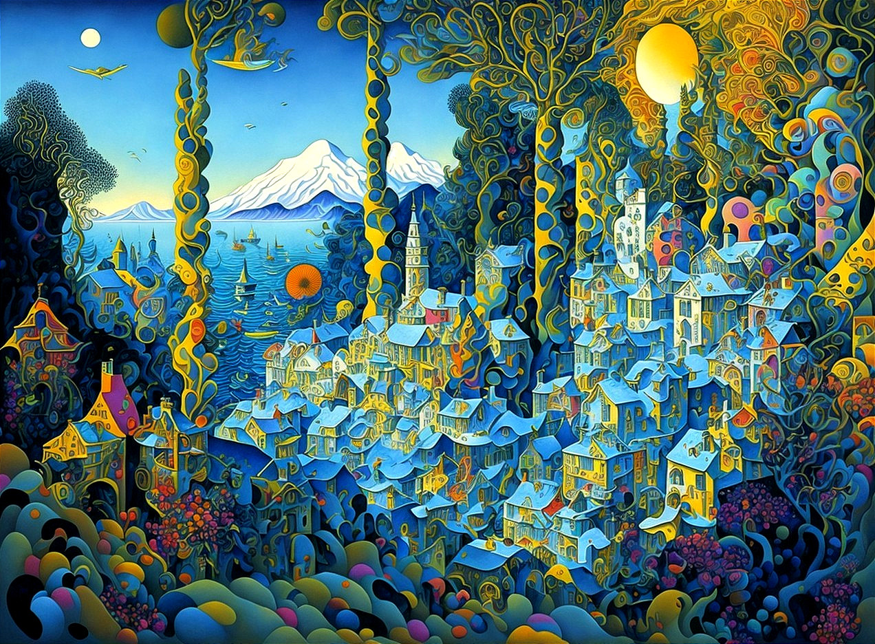 Colorful whimsical village by the sea with celestial bodies and mountain