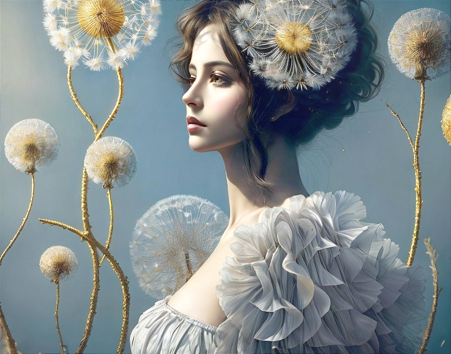 Woman in Gray Dress Surrounded by Dandelions