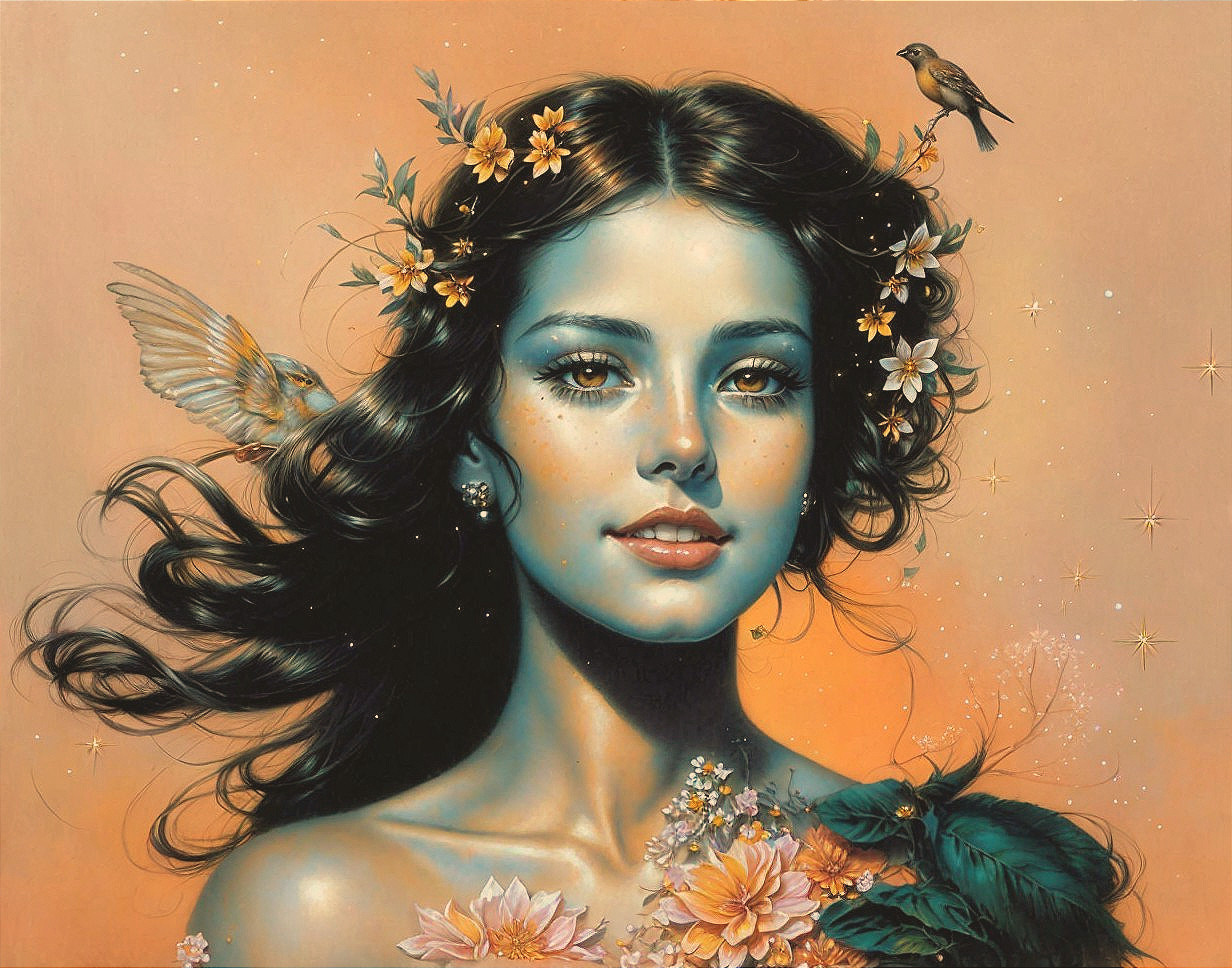 Portrait of a woman with floral and avian motifs and sparkling stars