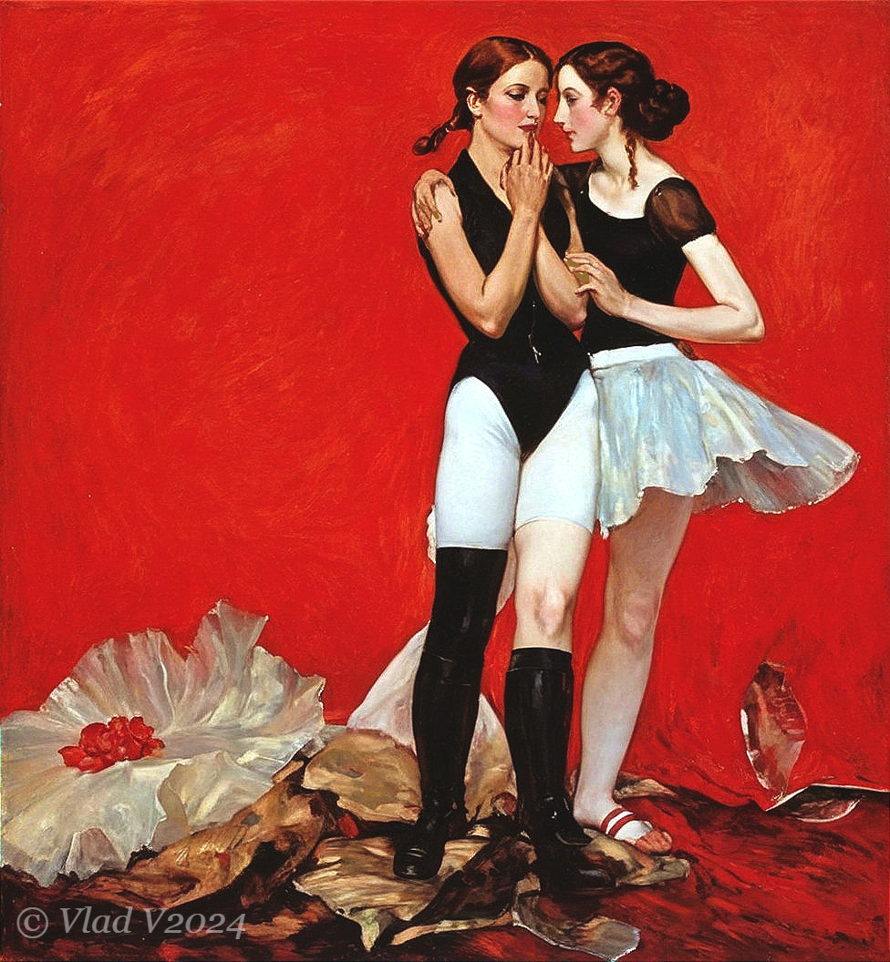 Elegant Women in Bold Red Background Painting