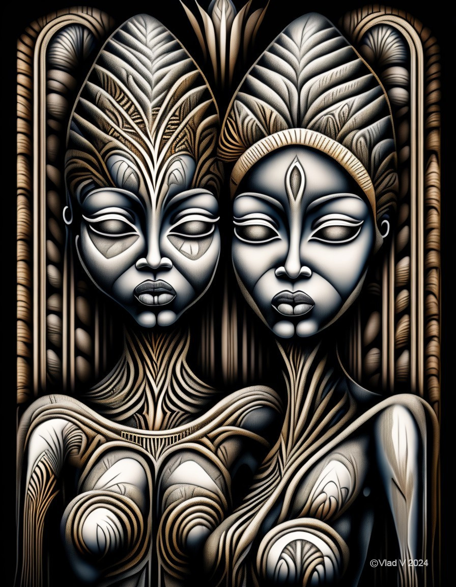 Stylized Tribal Figures with Intricate Patterns