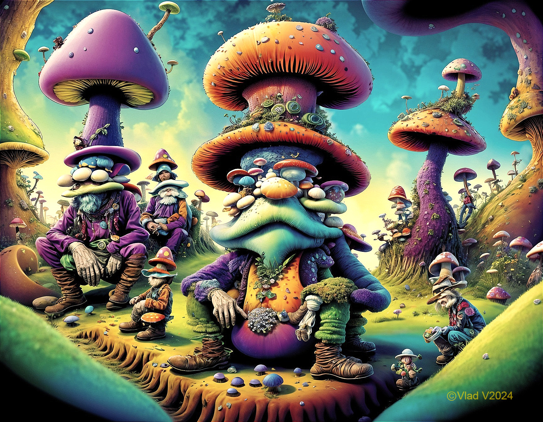 Surreal Landscape with Colorful Mushrooms and Gnomes