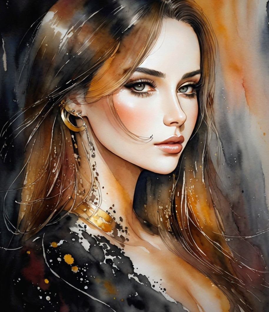 Detailed portrait of a woman with intricate eyes and earring on warm watercolor backdrop