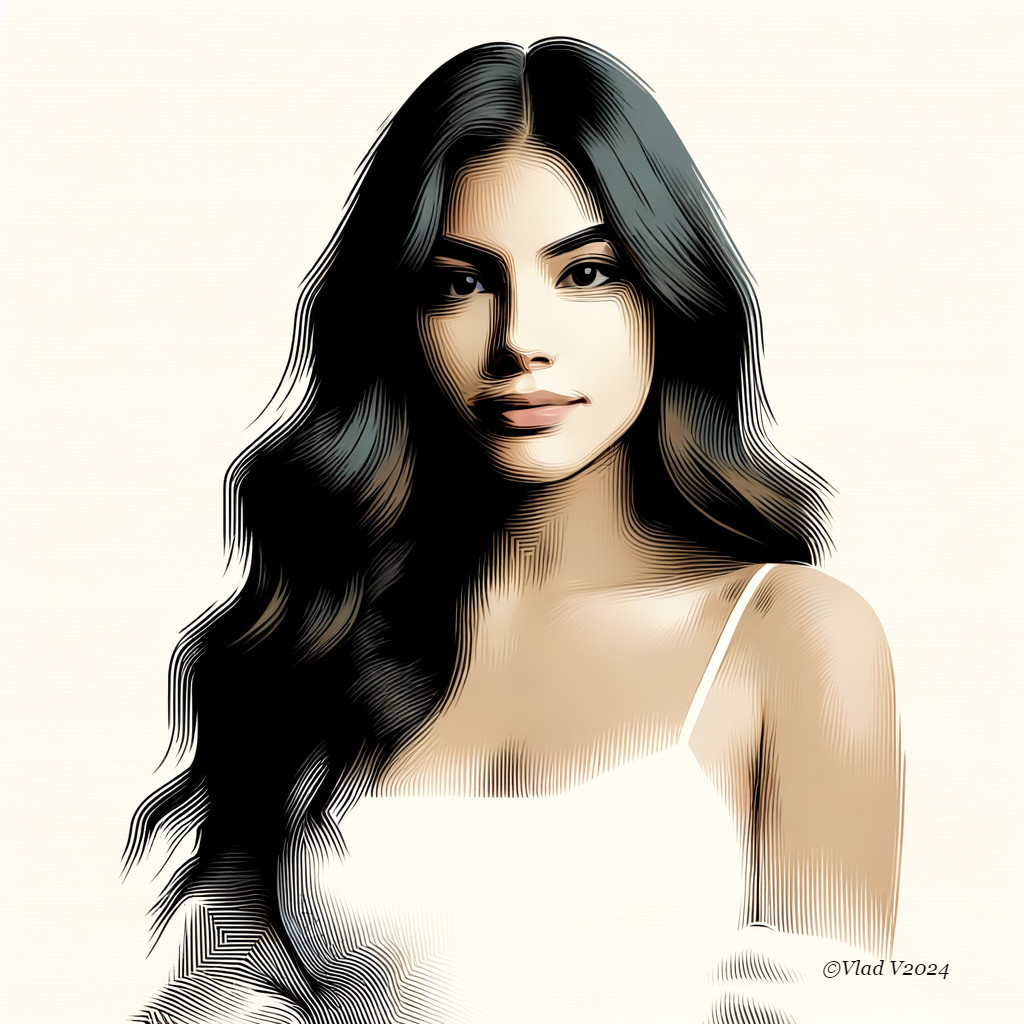 Stylized portrait of a young woman with black hair