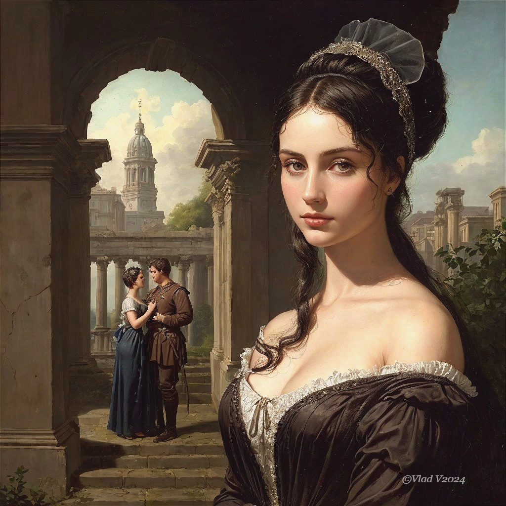 Young Woman in Historical Attire with Romantic Background