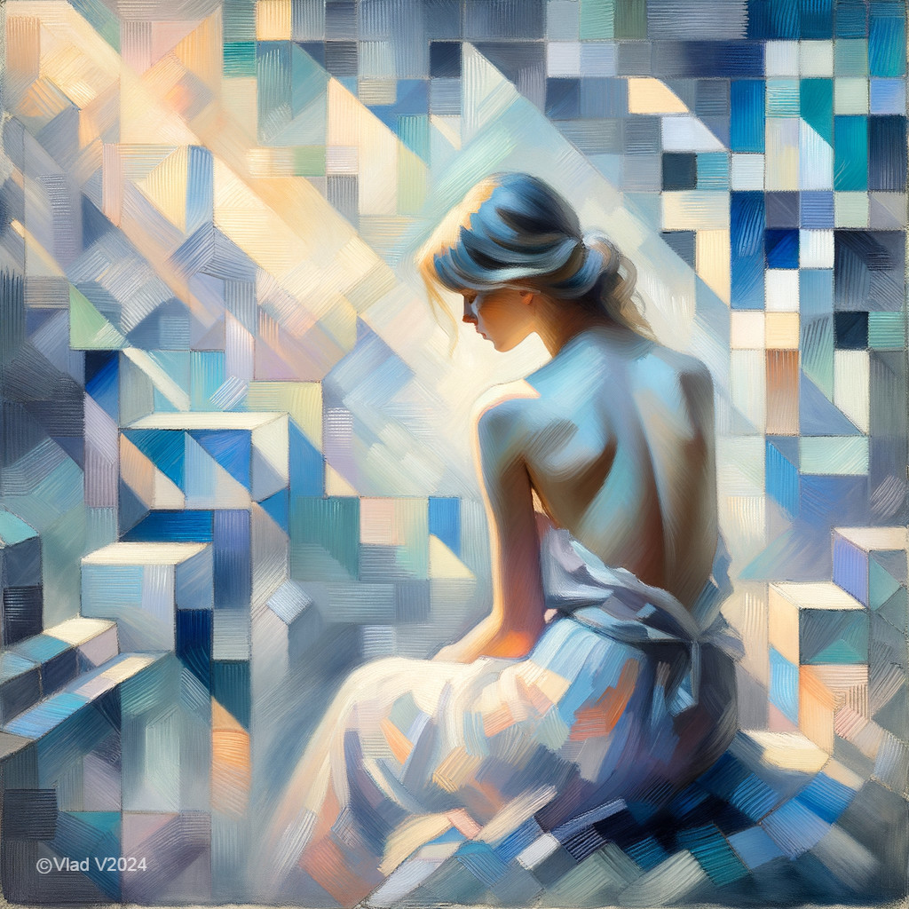 Ethereal Woman in Drapery with Geometric Background
