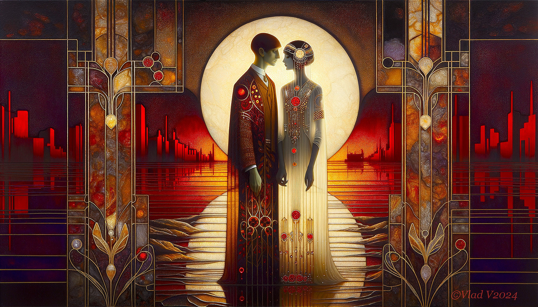 Elegant Artwork of Couple Embraced at Sunset