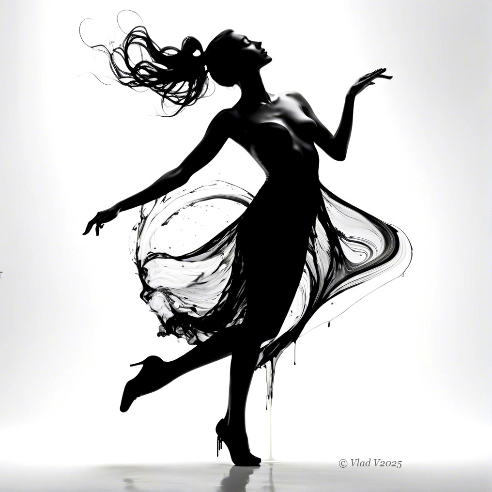 Silhouette of a dancer in flowing ink-like fabric